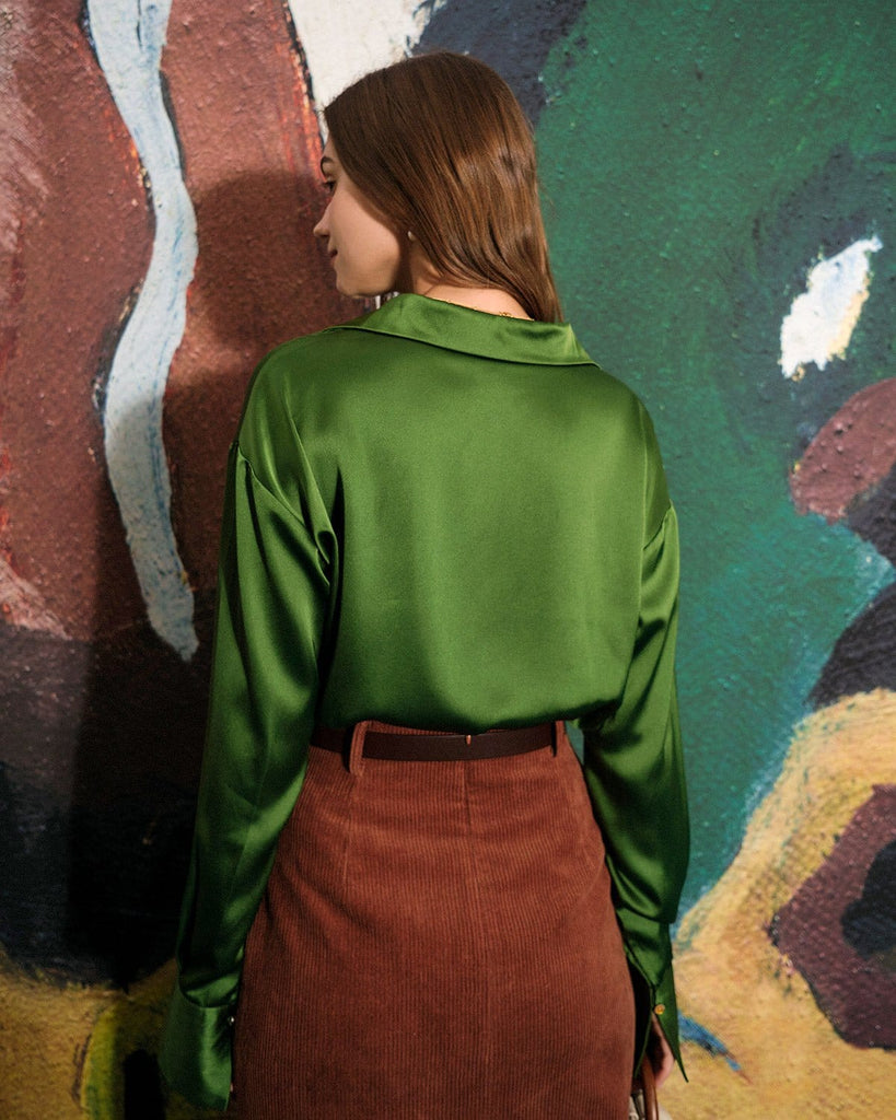 The Satin Long Sleeve V Neck Blouses Tops - RIHOAS