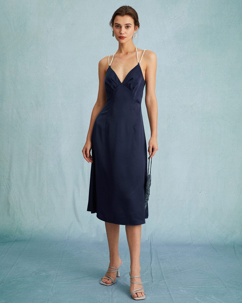 The Navy Satin V Neck Sleeveless Pearl Strap Midi Dress - Navy Satin ...