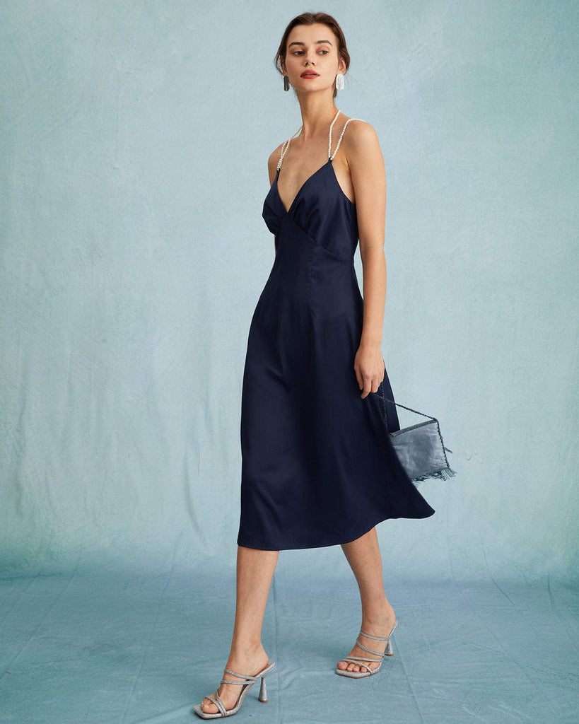 The Satin Pearl Strap Midi Dress Dresses - RIHOAS