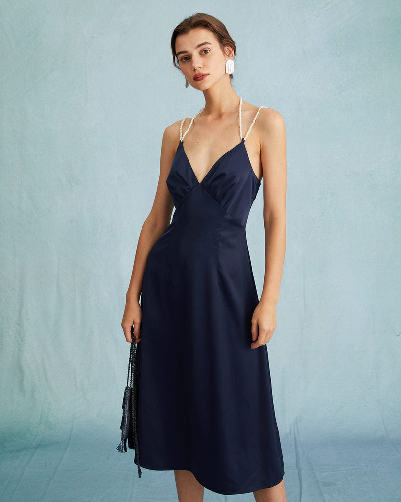 The Satin Pearl Strap Midi Dress Navy Dresses - RIHOAS