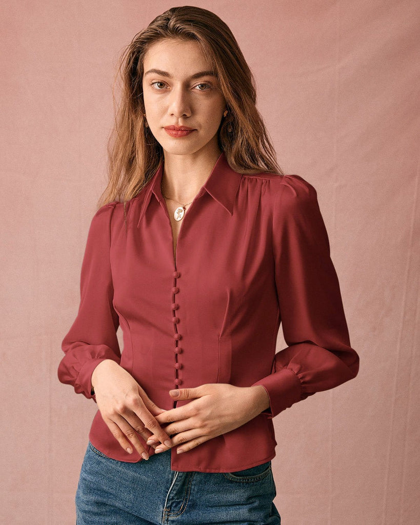 The Satin Puff Sleeve Blouse Red Tops - RIHOAS