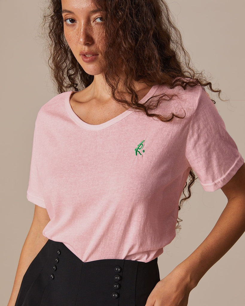 The Scoop Neck Embroidery Solid Tee Tops - RIHOAS