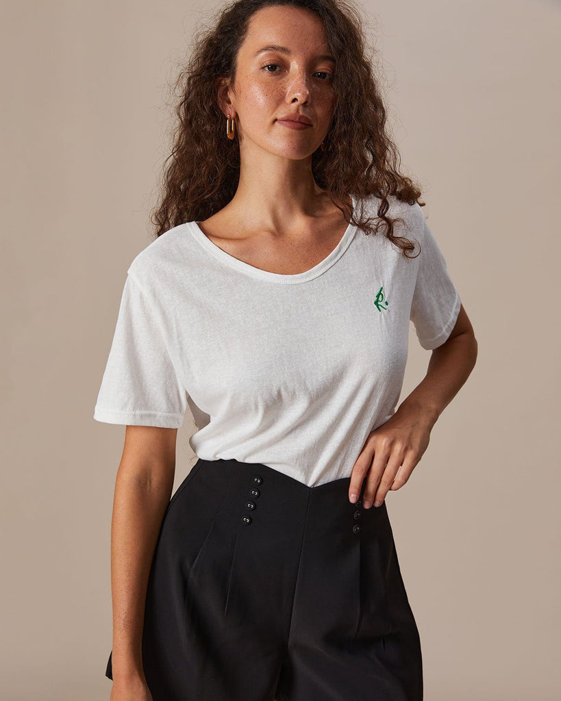 The Scoop Neck Embroidery Solid Tee Tops - RIHOAS