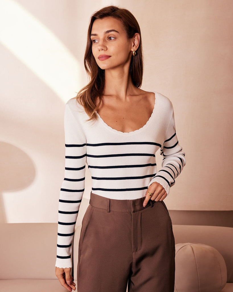 The Scoop Neck Striped Knit Top White Tops - RIHOAS