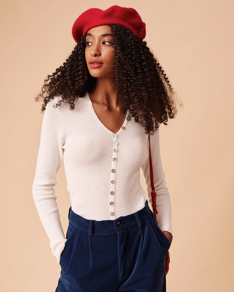 The Shell Button Ribbed Knit Top White Tops - RIHOAS