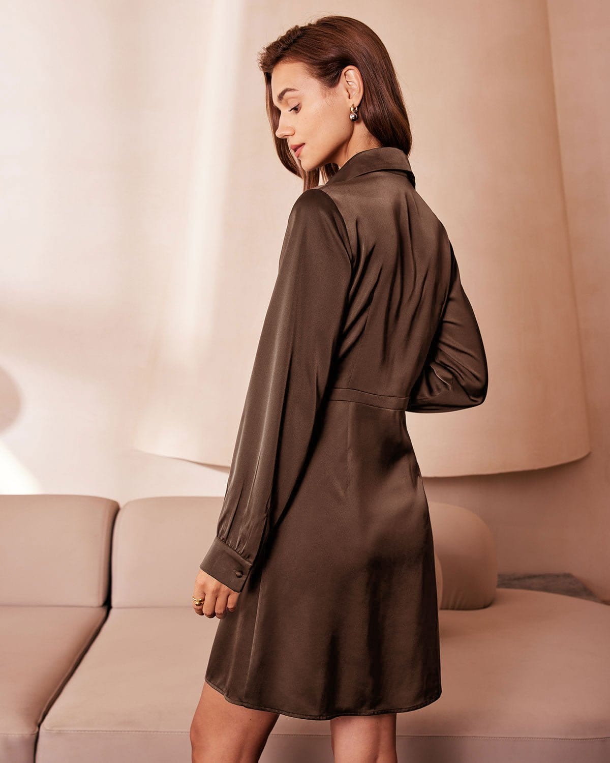 The Brown Shirt Collar Button Satin Mini Dress Reviews Brown