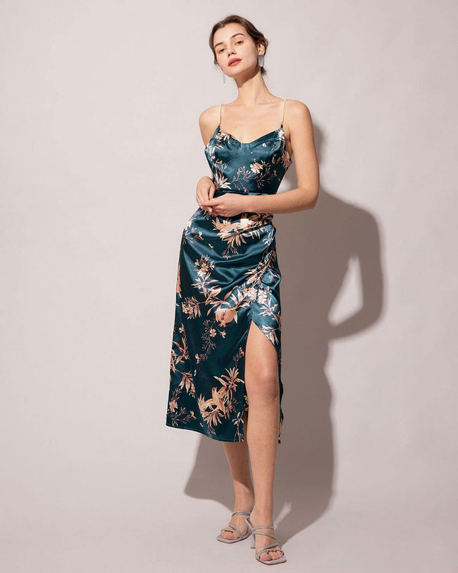 The Pearl Strap Side Slit Floral Midi Dress Blue Pearl Strap Dress