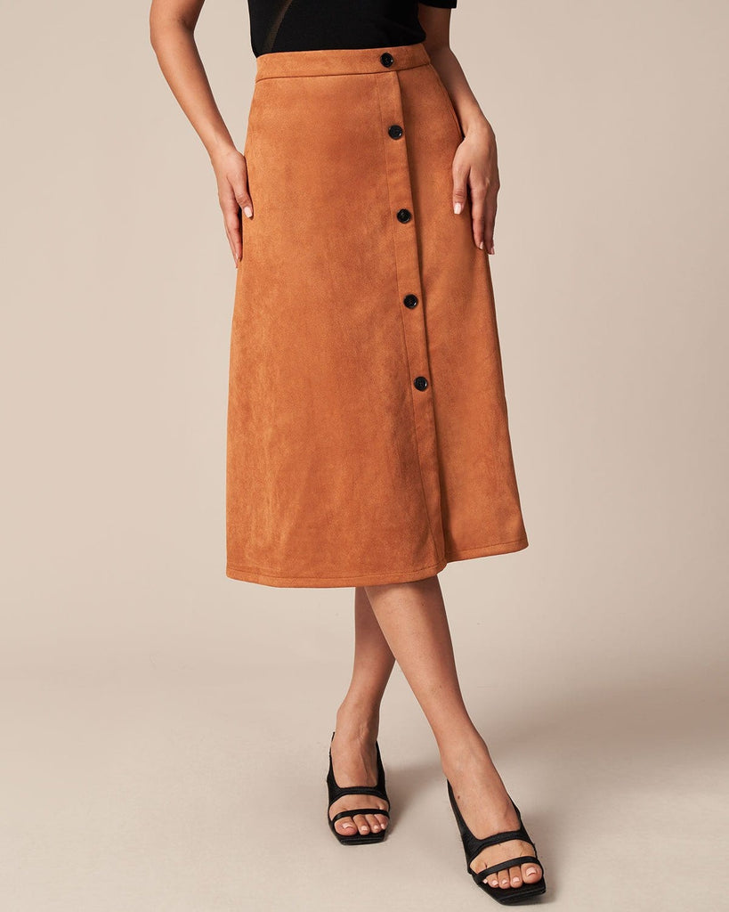 The Single Breasted Suede Midi Skirt Brown Bottoms - RIHOAS