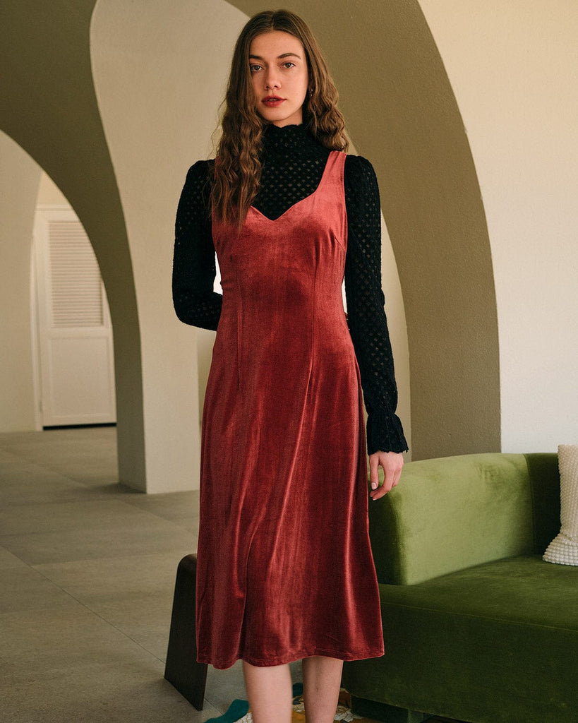 The Sleeveless Sweetheart Neck Midi Dress Brick Red Dresses - RIHOAS
