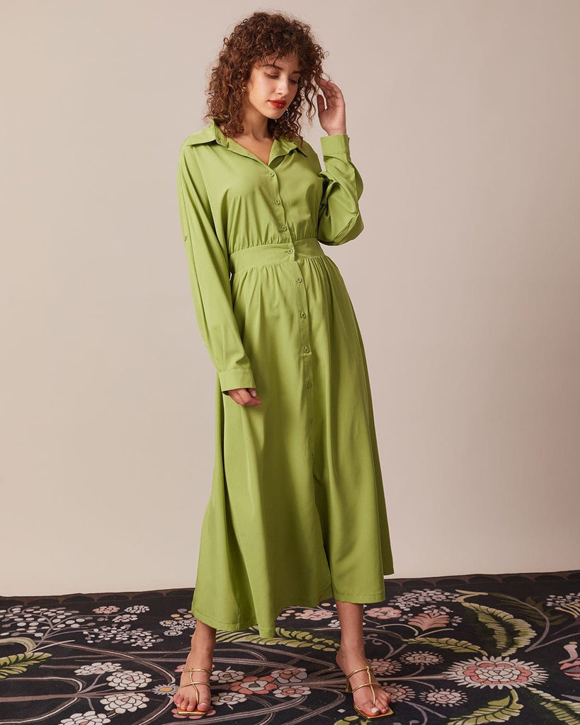 The Solid Belted Shirt Dress Green Dresses - RIHOAS