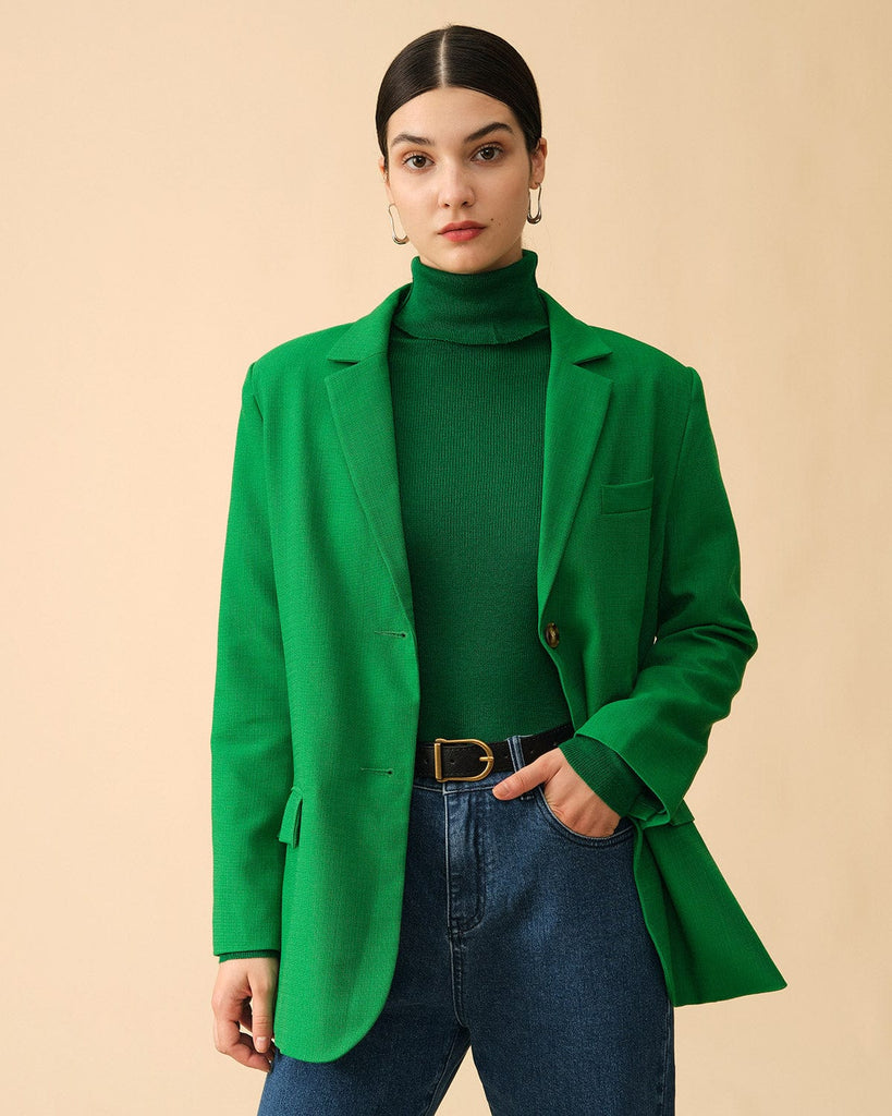 The Solid Button Up Blazer Green Outerwear - RIHOAS