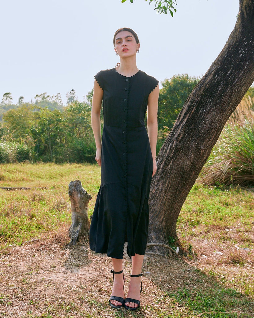 The Solid Color Lapel Midi Dress Black Dresses - RIHOAS