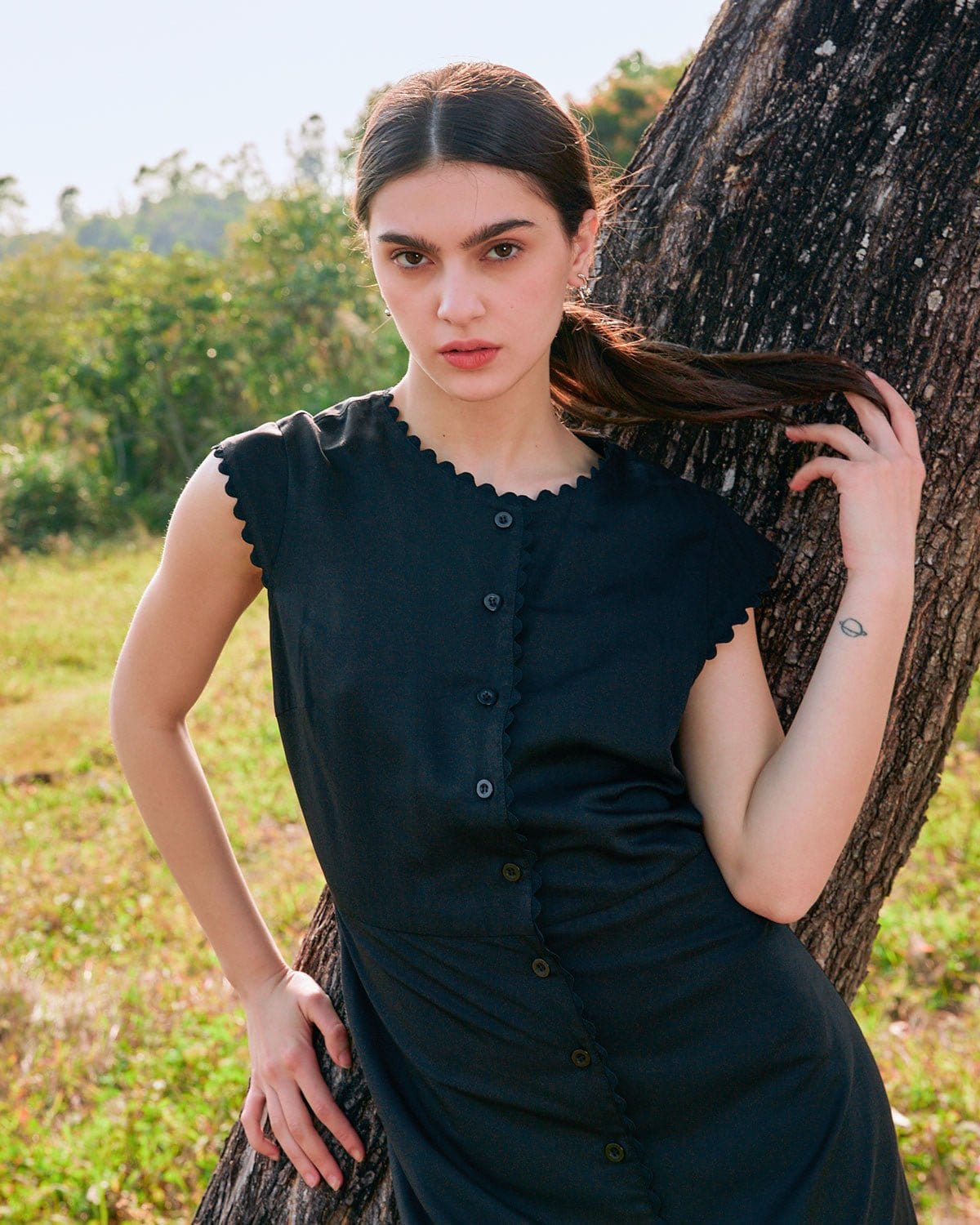 The Black Lapel Button Up Midi Dress