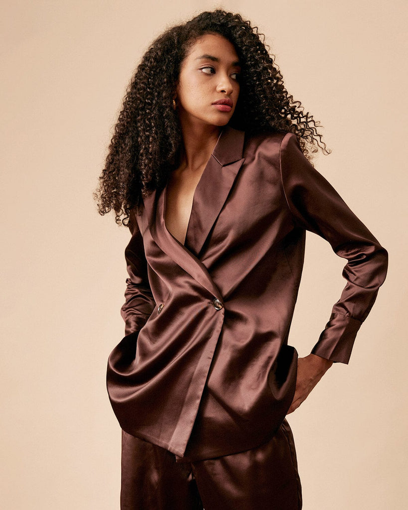 The Solid Color Satin Blazer Coffee Outerwear - RIHOAS