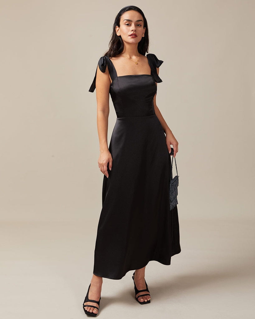 The Solid Color Tie Shoulder Maxi Dress Black Dresses - RIHOAS