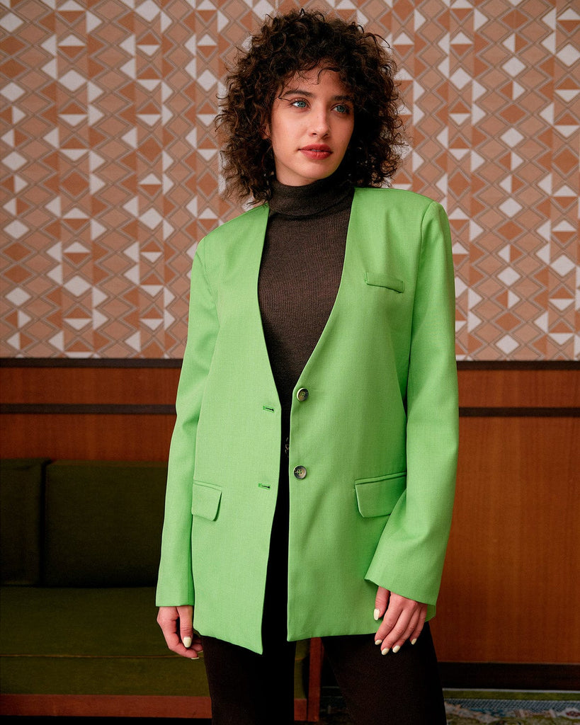 The Solid Color V Neck Blazer Green Outerwear - RIHOAS