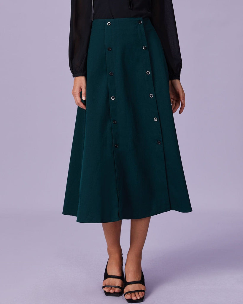 The Solid Double-breasted Midi Skirt Green Bottoms - RIHOAS