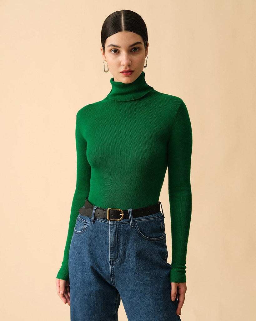 The Solid High Neck Knit Top Green Tops - RIHOAS