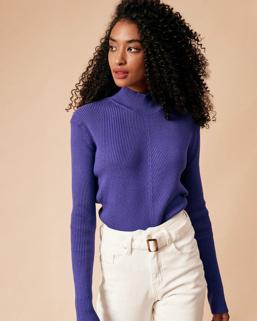 The Solid Mock Neck Knit Top Purple Tops - RIHOAS