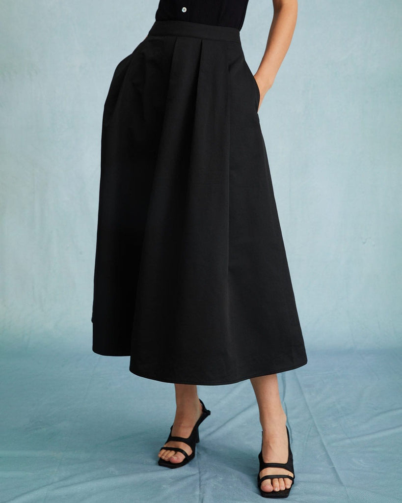 The Solid Pleated Midi Skirt Black Bottoms - RIHOAS