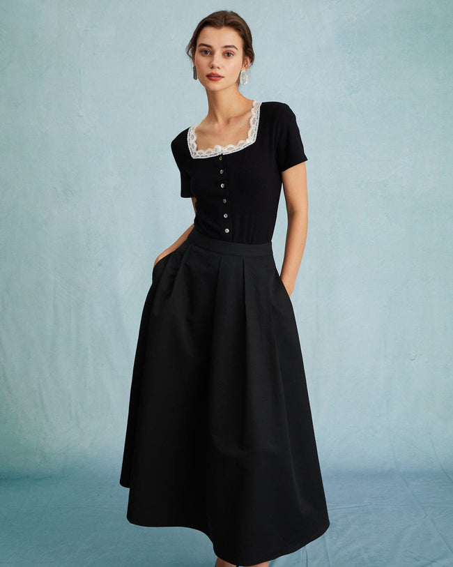 The Black High Waisted Pleated Midi Skirt