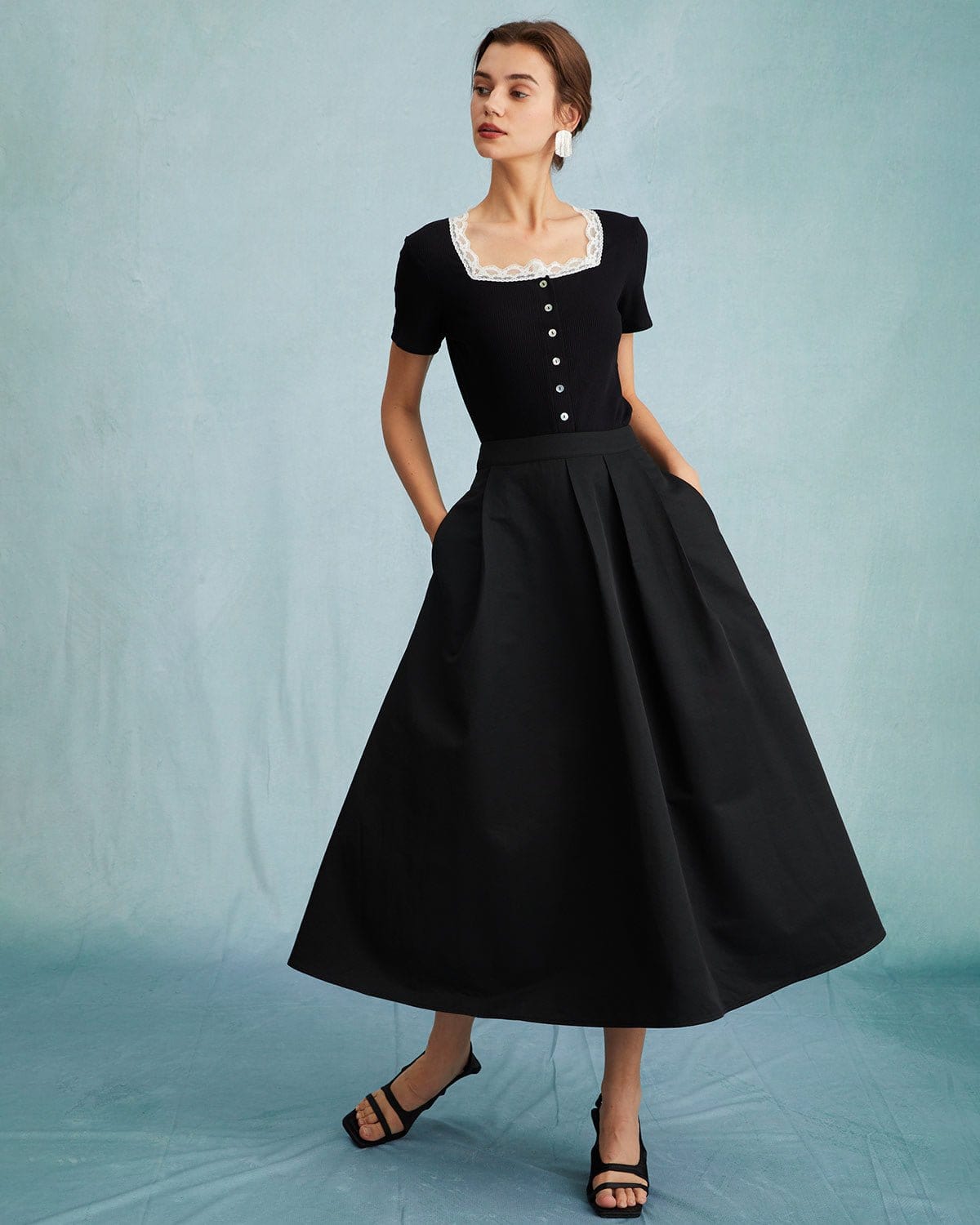 The Black High Waisted Pleated Midi Skirt & Reviews - Black - Bottoms | RIHOAS The Black High Waisted Pleated Midi Skirt & Reviews - Black - Bottoms | RIHOAS