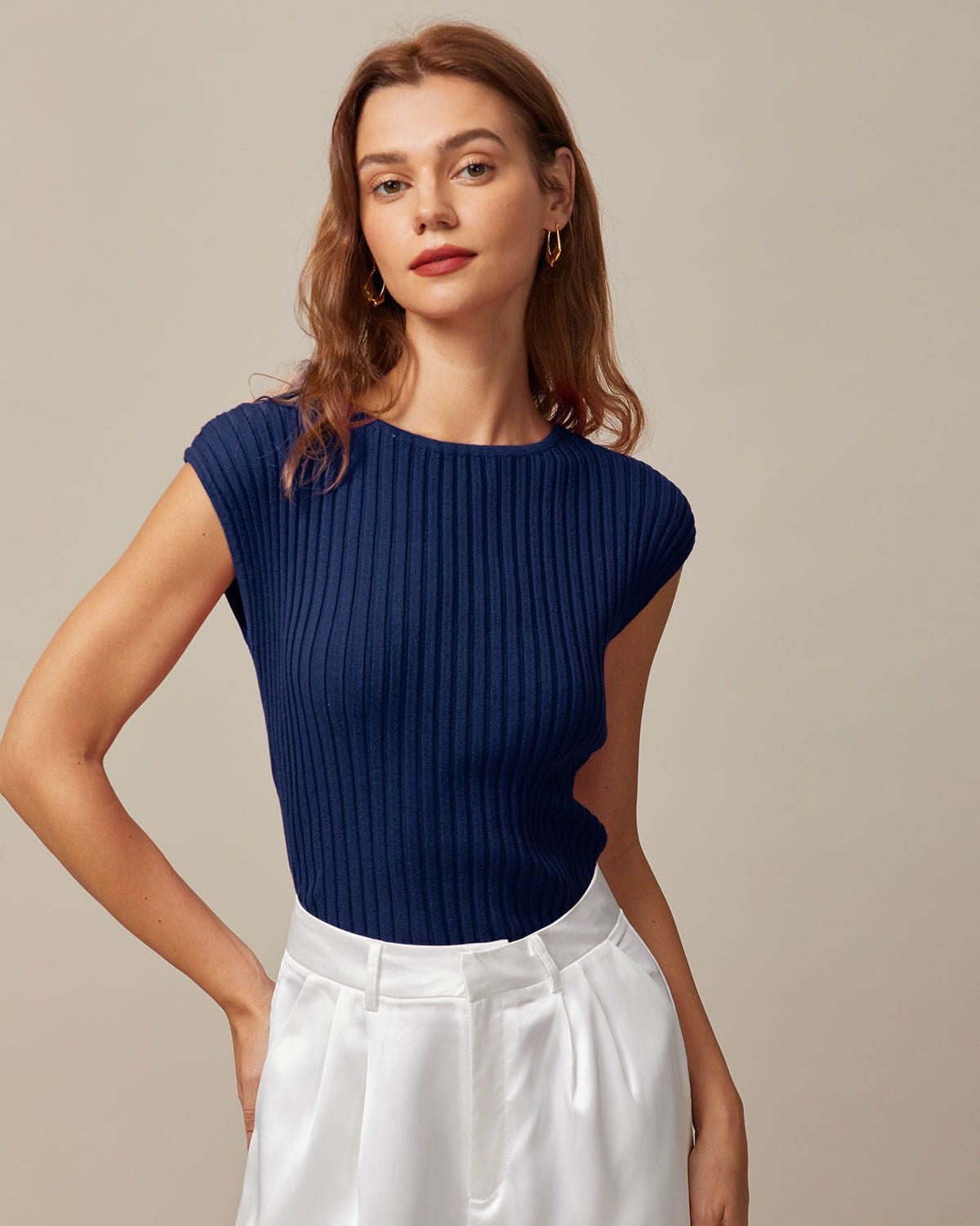 Boat Neck Ribbed Cap Sleeve Knit Tee