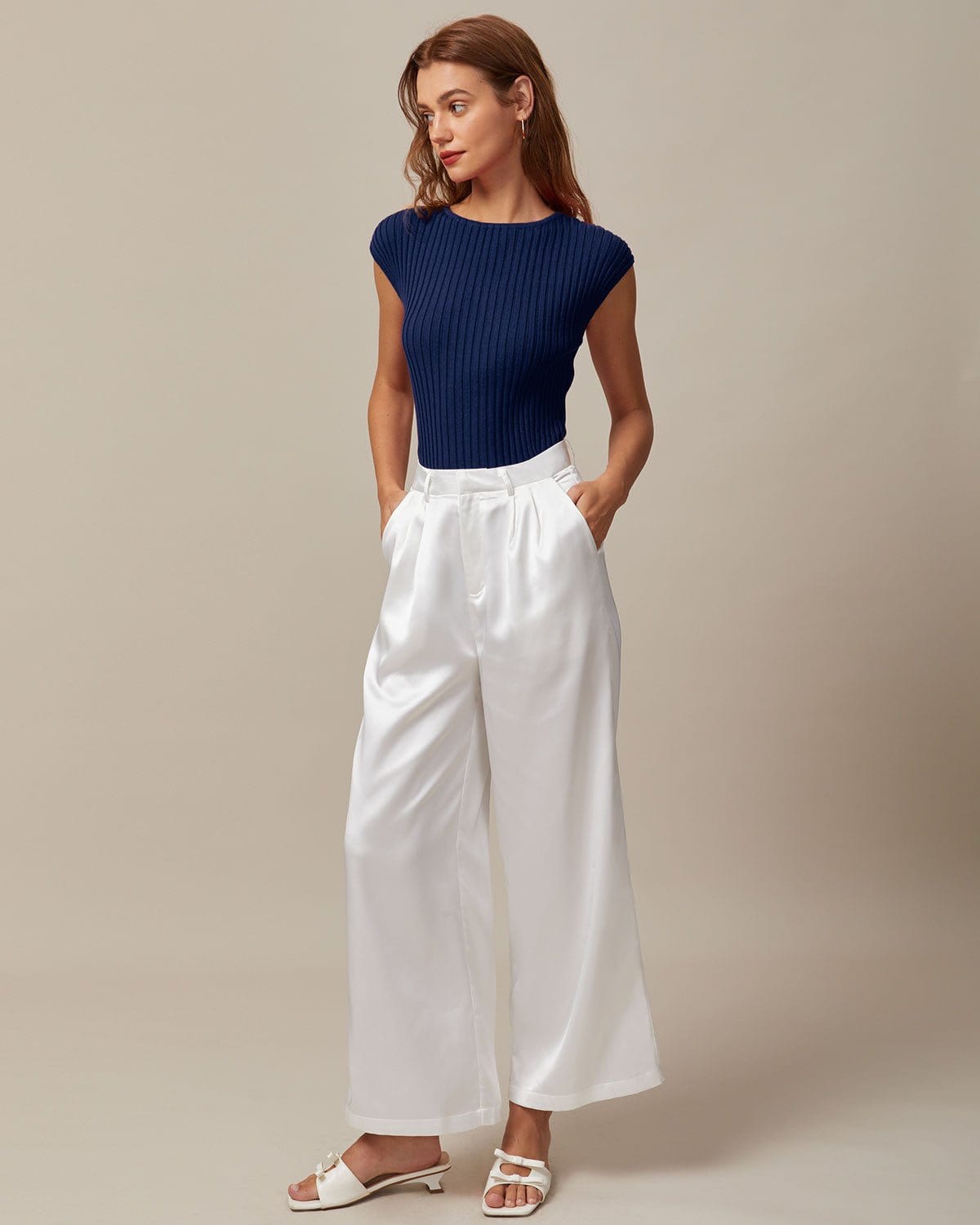 The Blue Boat Neck Ribbed Cap Sleeve Knit Tee - Women's Rib Knit