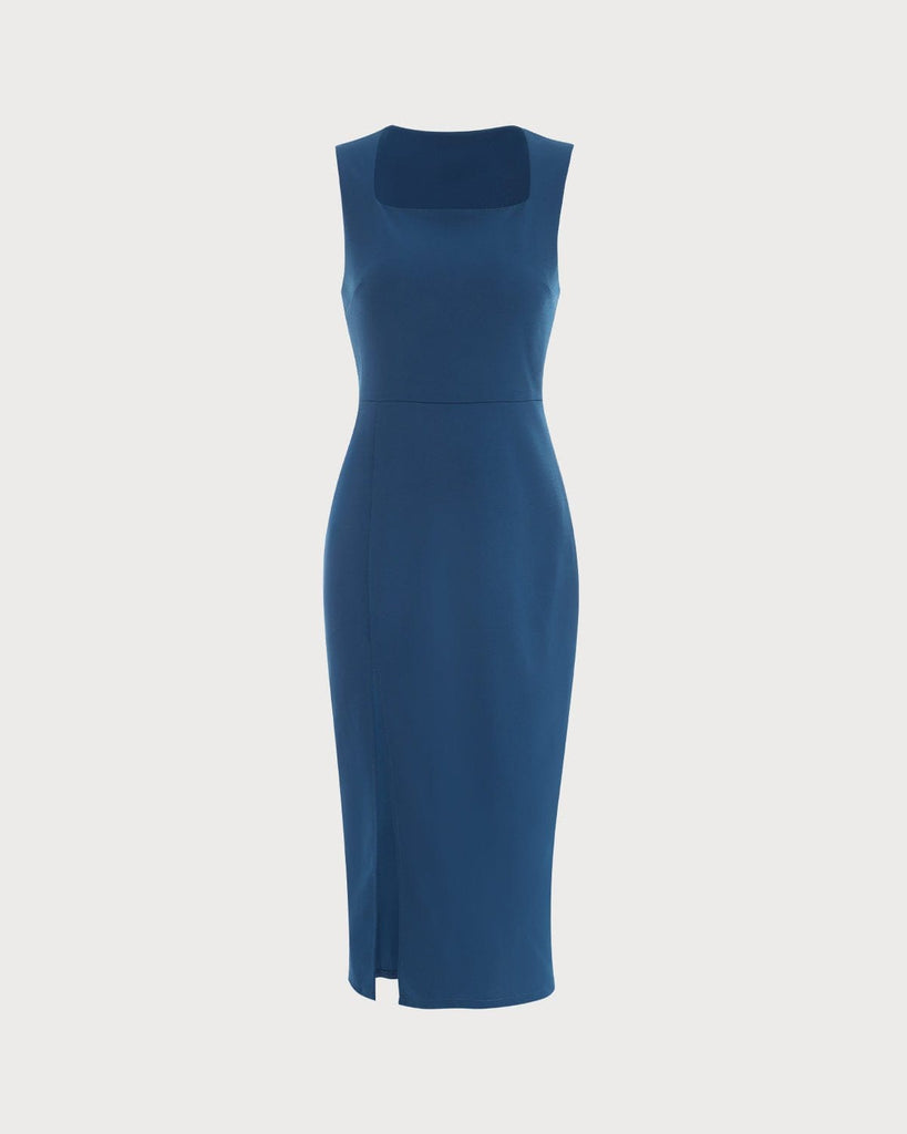 The Solid Square Neck Slit Midi Dress Blue Dresses - RIHOAS