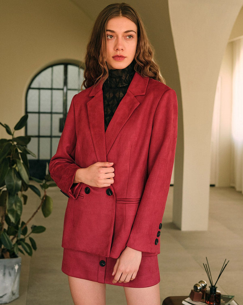 The Solid Suede Blazer Dark Red Outerwear - RIHOAS