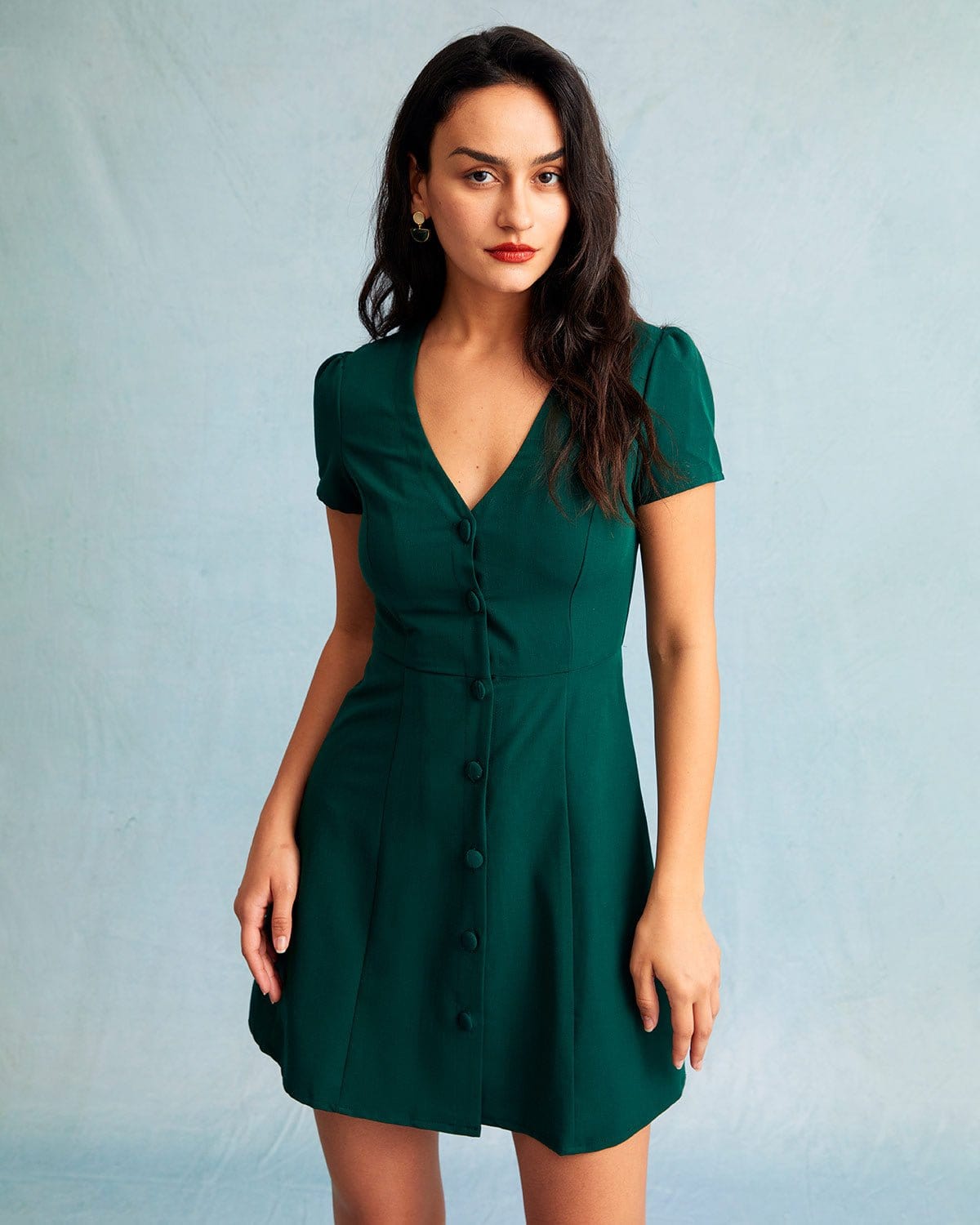 Rihoas Button-Front A-Line Mini Dress | Chic V-Neck with Cap Sleeves for Summer, Dark Green / XS Rihoas Button-Front A-Line Mini Dress | Chic V-Neck with Cap Sleeves for Summer, Dark Green / XS