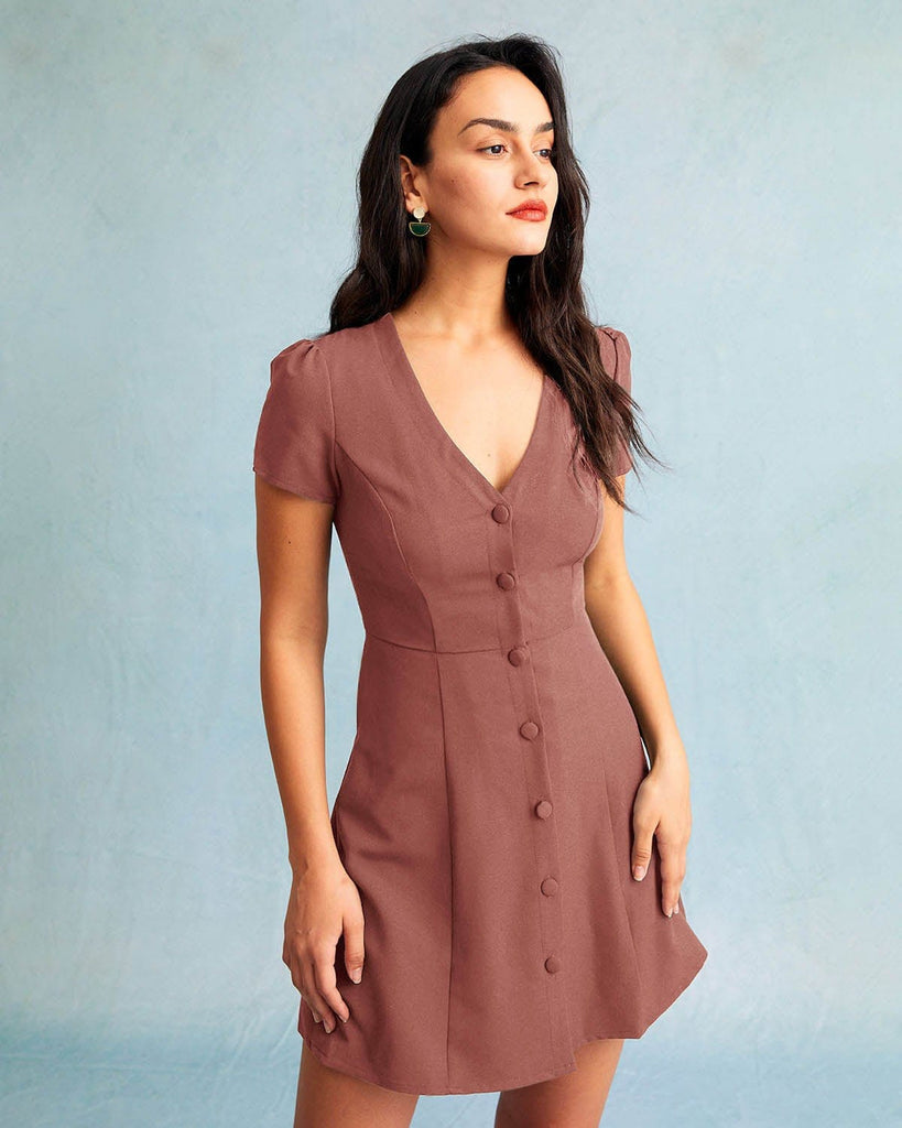 The Solid V-Neck Shirt Dress Pink Dresses - RIHOAS