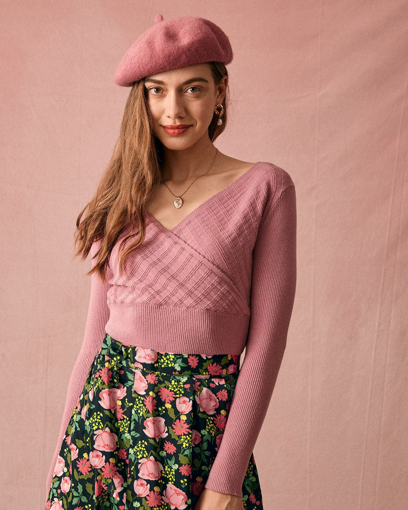 The Solid V Neck Wrap Sweater Bean Pink Tops - RIHOAS