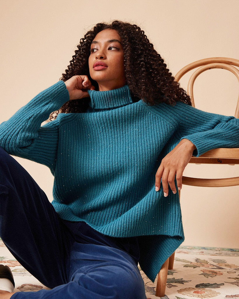 The Split-Back Turtleneck Sweater Blue Tops - RIHOAS