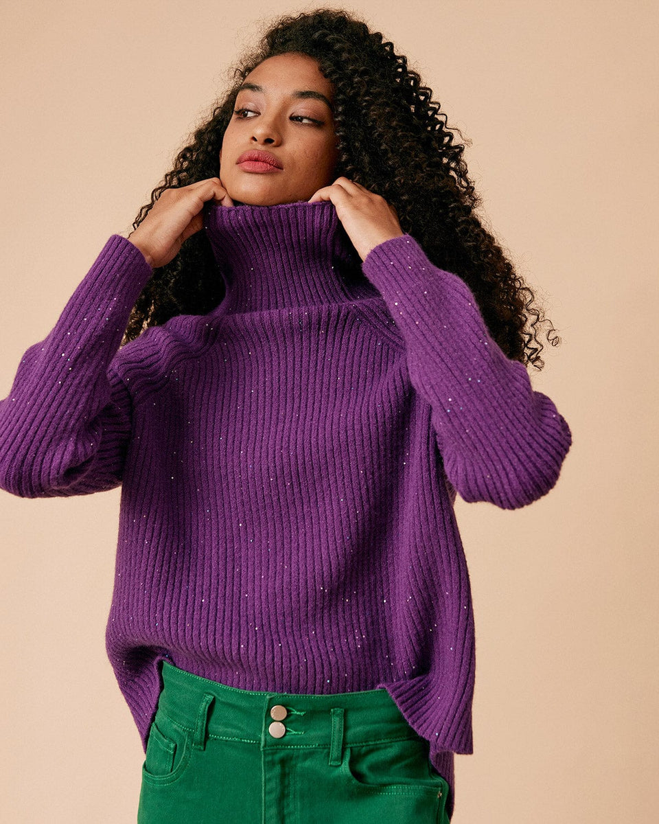 The Solid Slit Sequin Turtleneck Sweater - Women's Purple Knit ...