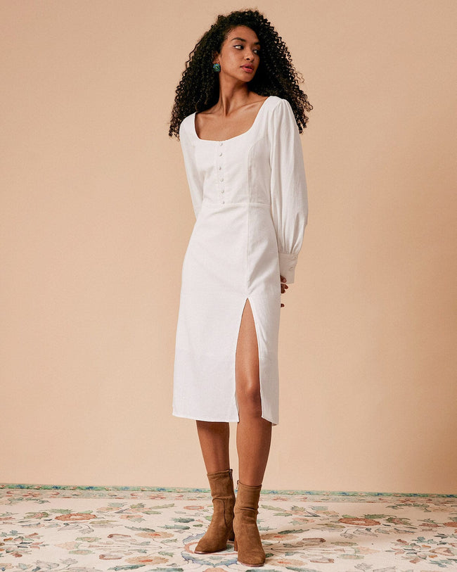 The White Solid Slit Long Sleeve Midi Dress & Reviews - White - Dresses