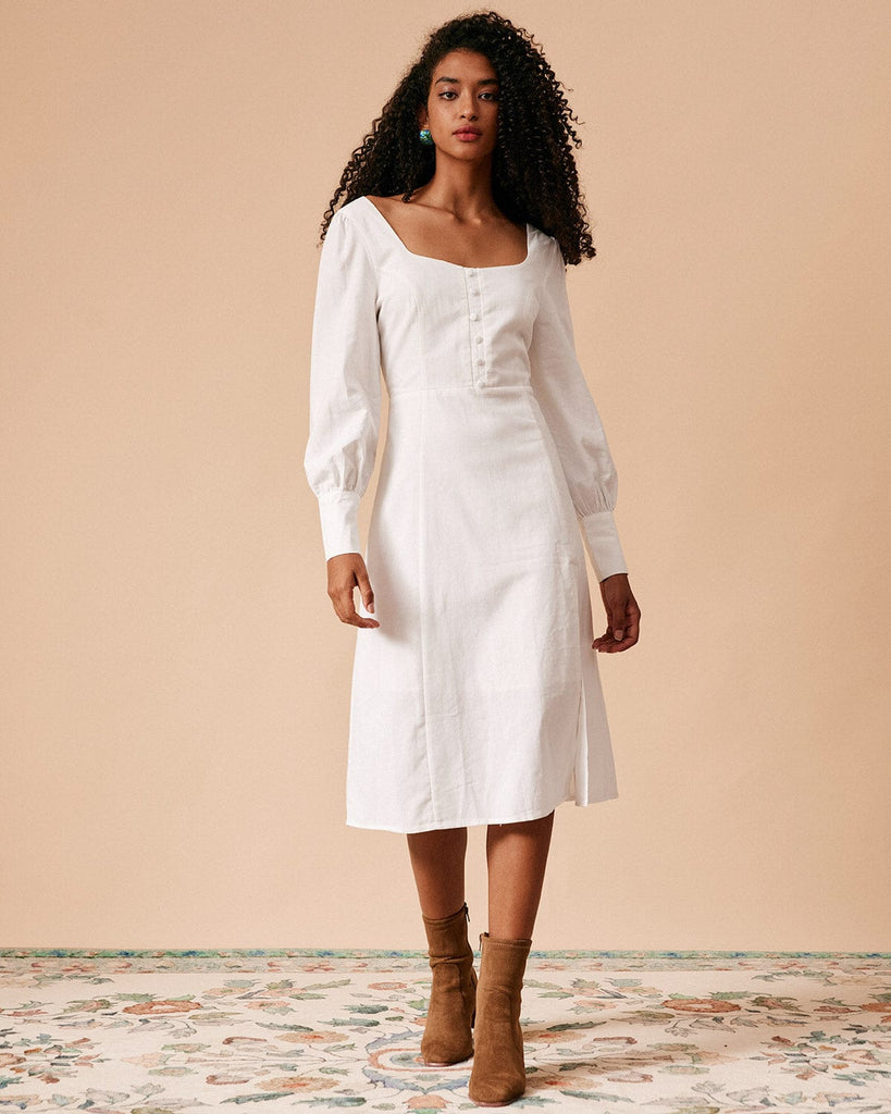 The Split Hem Midi Dress White Dresses - RIHOAS