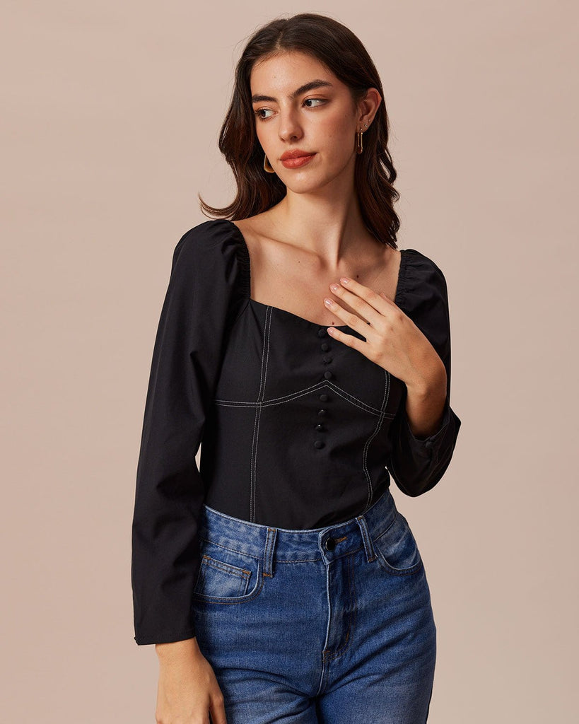 The Square Neck Contrast Blouse Tops - RIHOAS