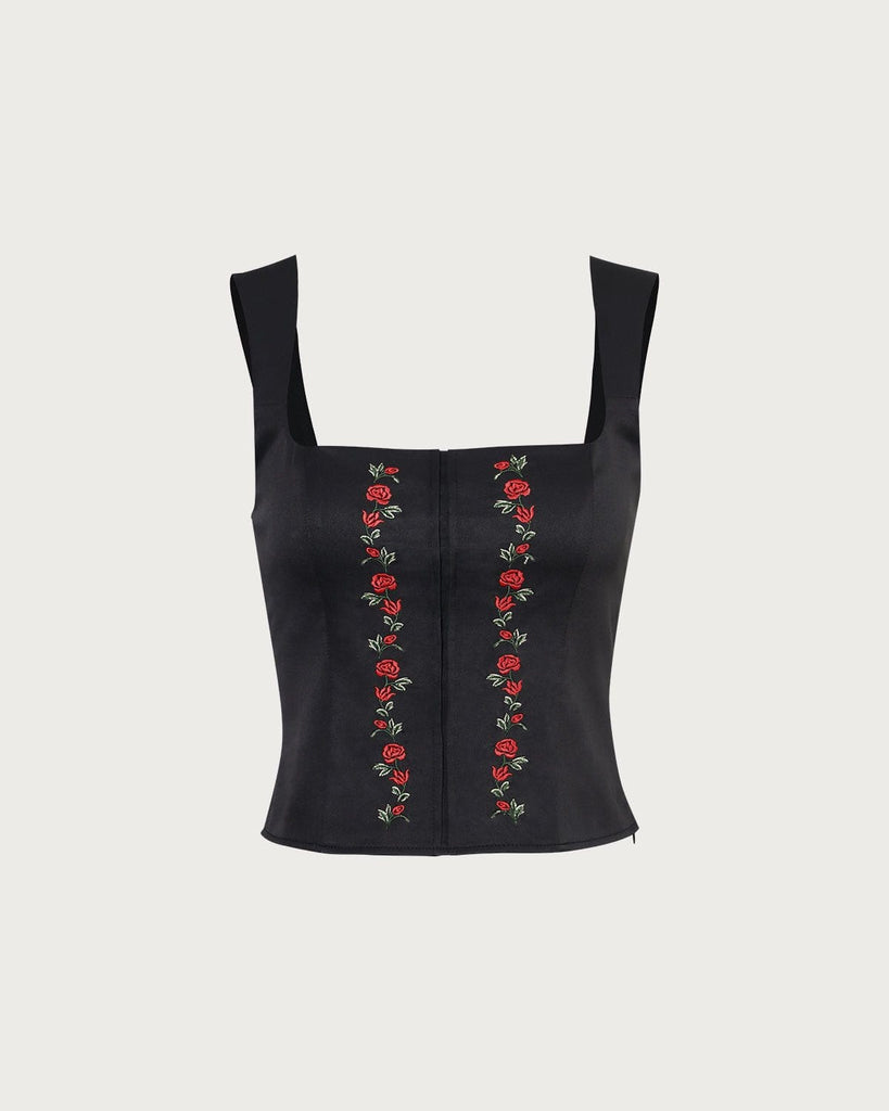 The Square Neck Embroidery Cami Top Black Tops - RIHOAS