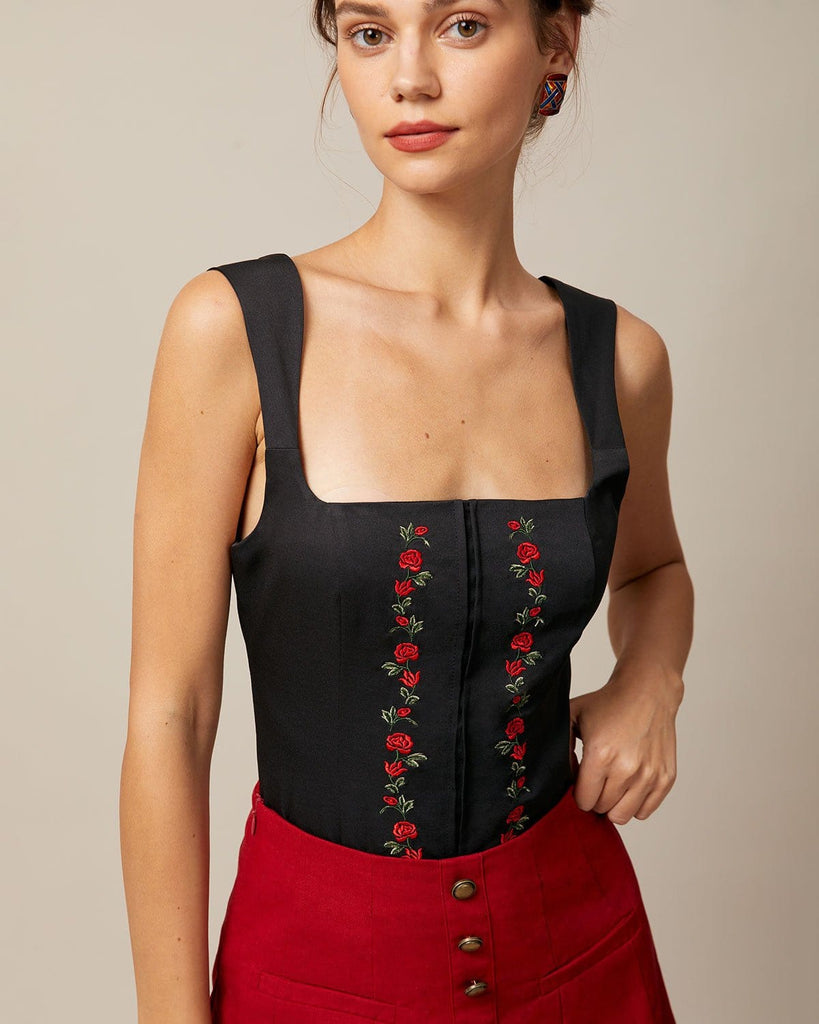 The Square Neck Embroidery Cami Top Tops - RIHOAS