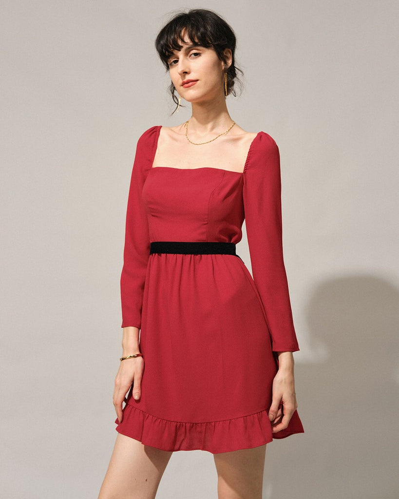 The Square Neck Flounce Mini Dress Red Dresses - RIHOAS