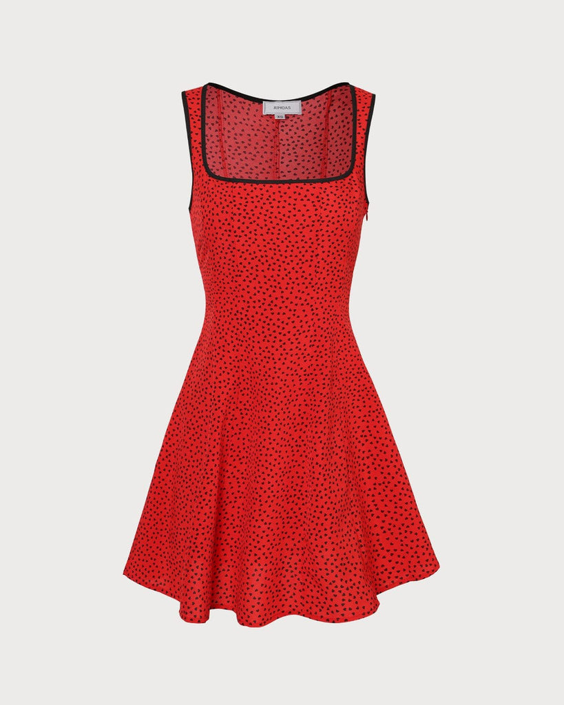 The Square Neck Heart Print Dress Red Dresses - RIHOAS
