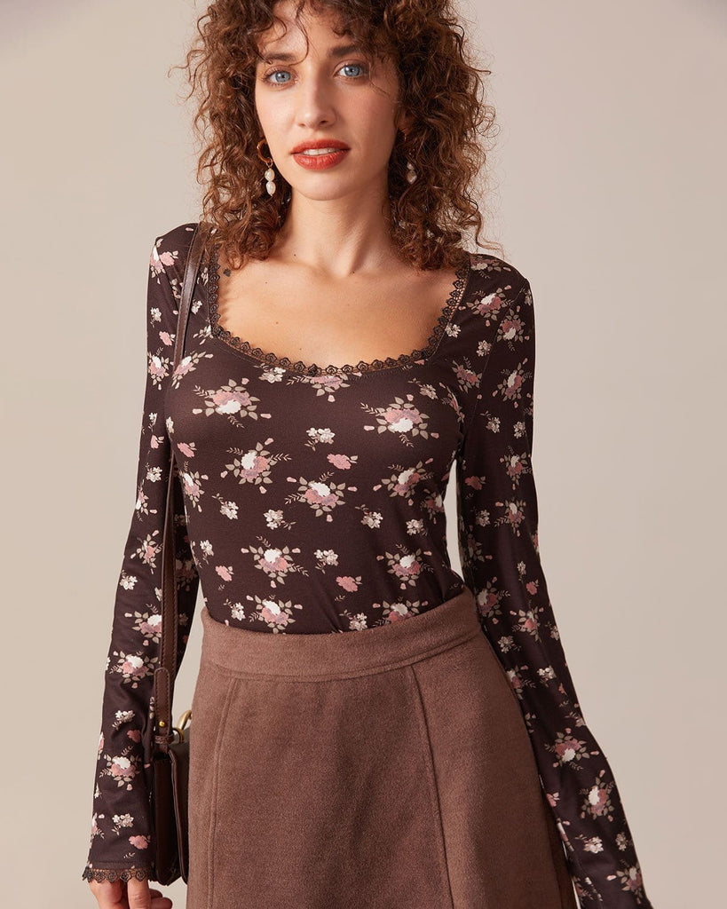 The Square Neck Lace Trim Floral Top Coffee Tops - RIHOAS