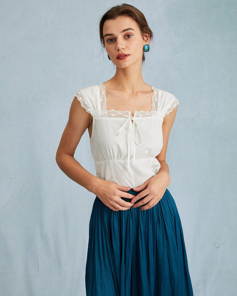 The Square Neck Lace Trim Tank Top White Tops - RIHOAS