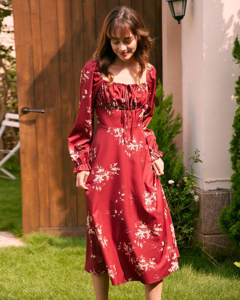 The Square Neck Long Sleeve Floral Dress Red Dresses - RIHOAS