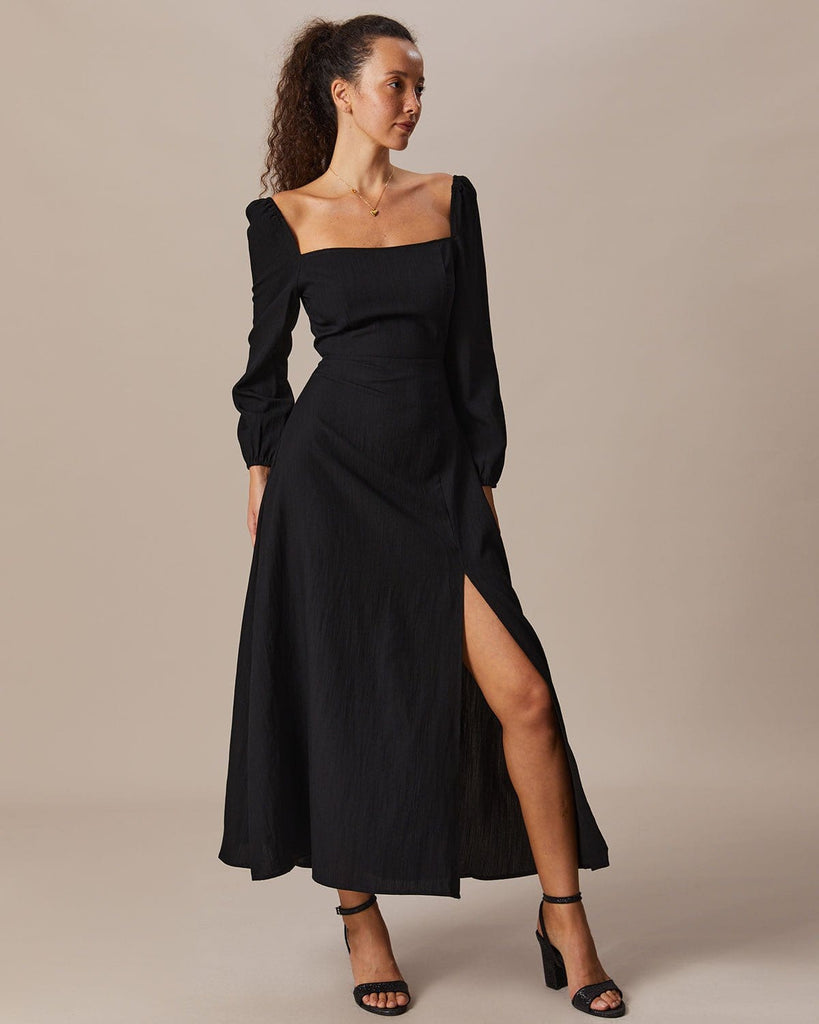 The Square Neck Long Sleeves Slit Dress Black Dresses - RIHOAS