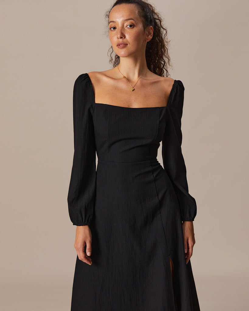 The Square Neck Long Sleeves Slit Dress Dresses - RIHOAS