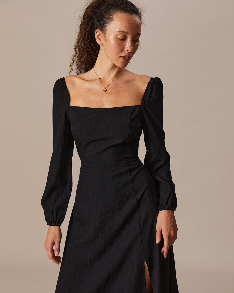 The Square Neck Long Sleeves Slit Dress Dresses - RIHOAS