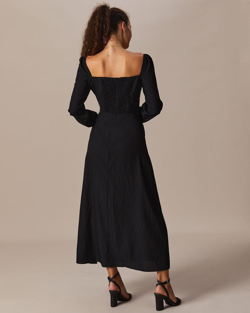 The Square Neck Long Sleeves Slit Dress Dresses - RIHOAS