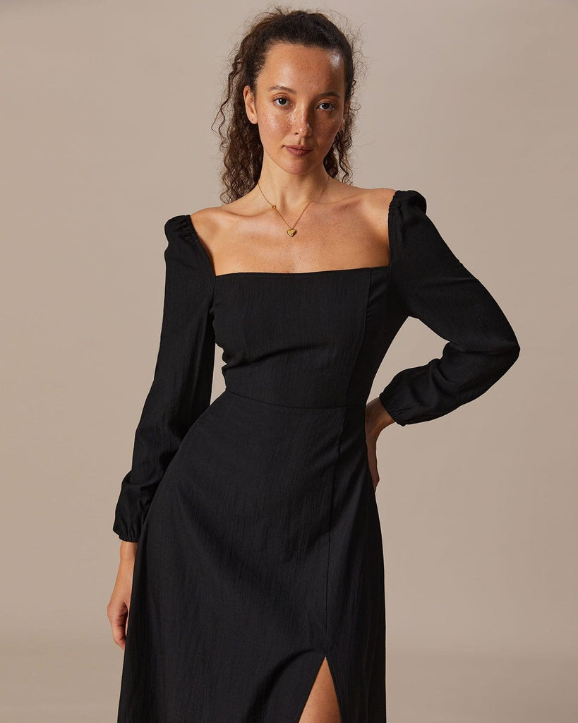 The Square Neck Long Sleeves Slit Dress Dresses - RIHOAS